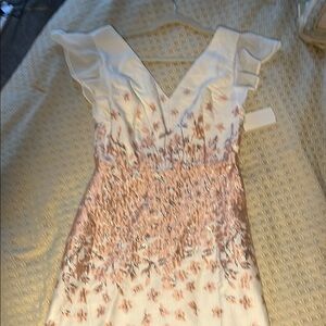 White and Orange Sequin Embellished V-Neck Mini Dress